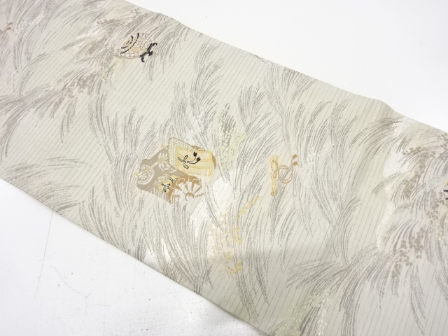 JAPANESE KIMONO / ANTIQUE MARU OBI FOR SUMMER / WOVEN CARRIAGE & INSECT BASKET & LEAVES